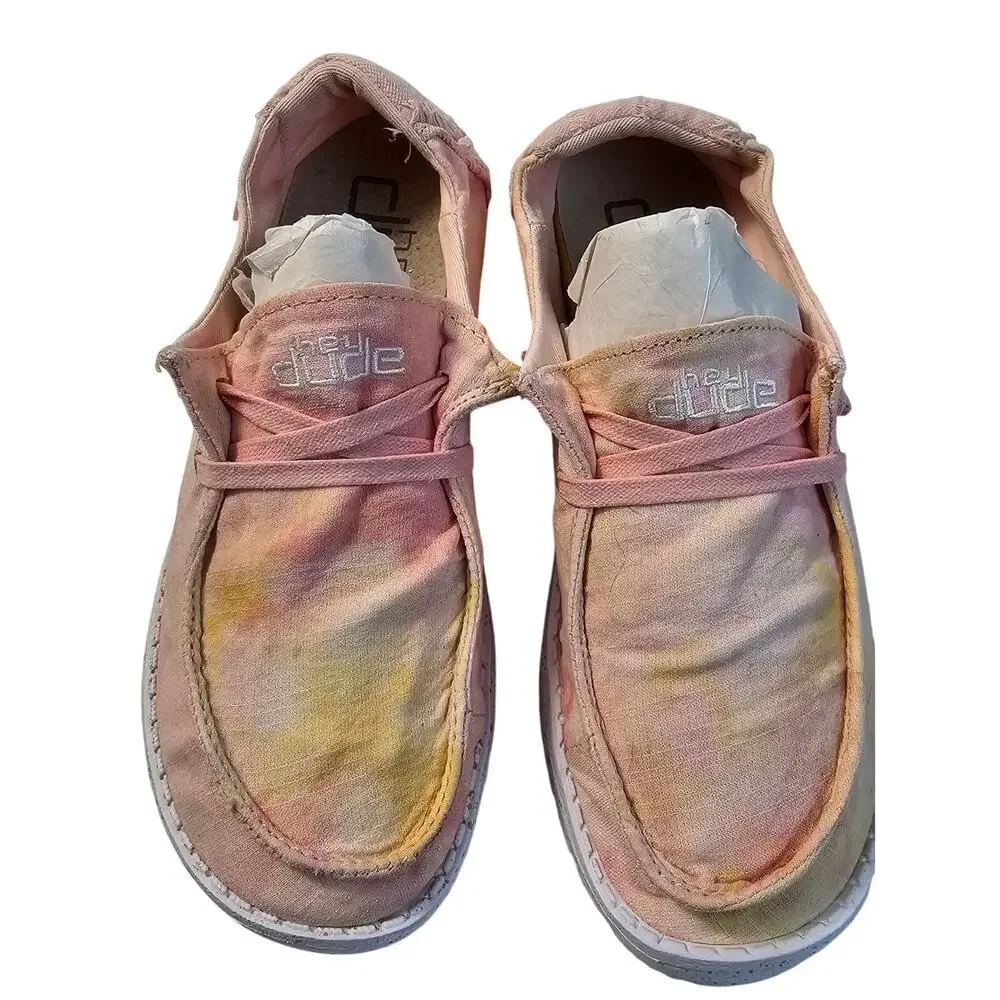 Wendy tie dye pink yellow hey dude sz 9 EUC casual comfort trending slip on